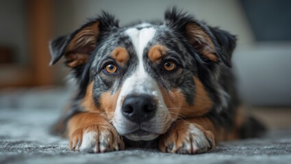 Adorable, playful, young Australian Shepherd Dog resting on a couch or sofa, headshot, portrait, photorealistic, transparent background.