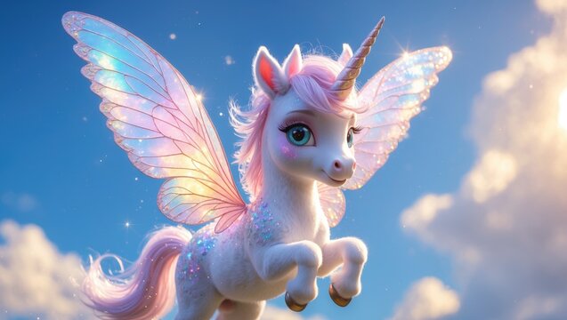 Adorable small unicorn character with butterfly wings soaring through the skies.