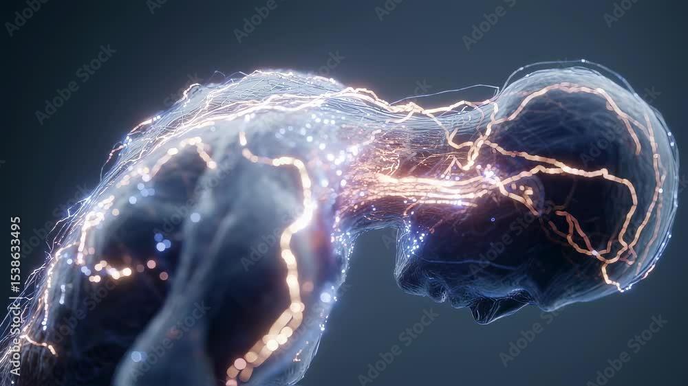Poster medical visualization showing glowing nerves and muscles in a transparent human body, highlighting t