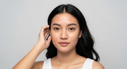 Portrait of a young woman with dark hair and acne skin