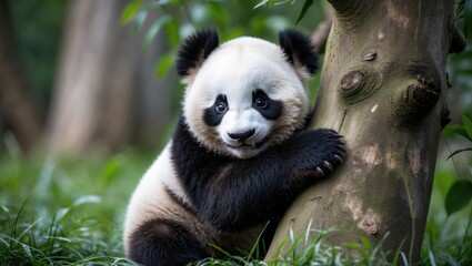 Obraz premium Adorable giant panda bear clinging to a tree trunk.