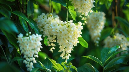Springtime scene featuring a currant blossom on a currant bush adorned with flowers.