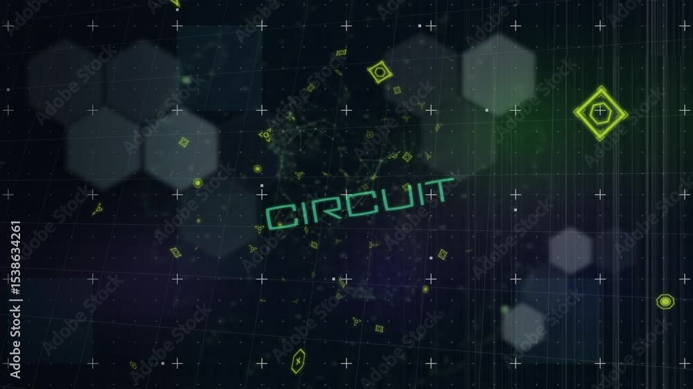 Poster glowing green and yellow shape clusters pulsing streaking in grid, with neon circuit text glitching