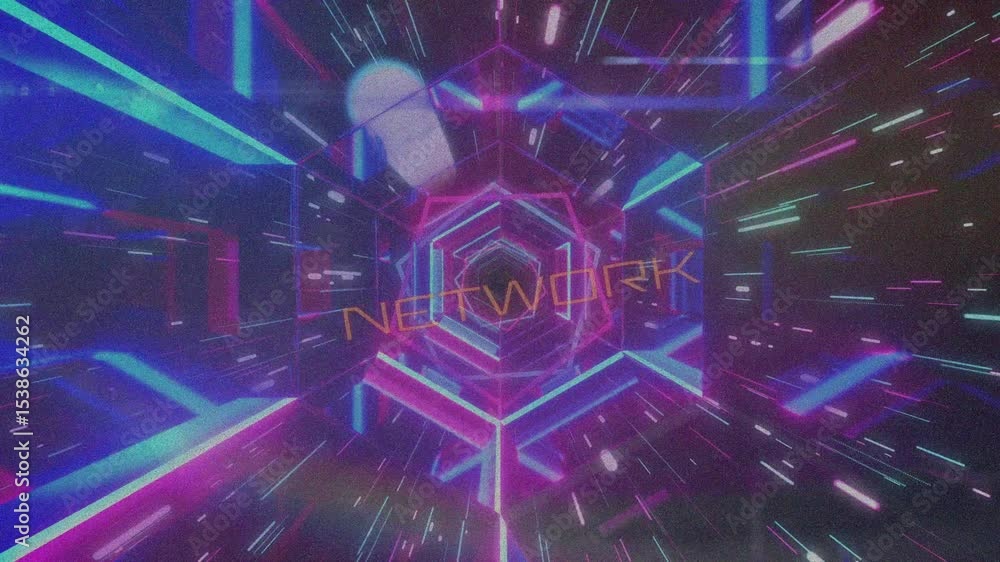 Poster activating neon hexagon portal streaming particle trails through 3d tunnel to reveal network text