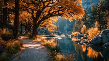 Serene riverside path lined with autumn trees reflecting golden hues in tranquil waters during a peaceful afternoon