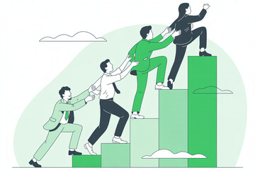 Illustrated Teamwork Business People Climbing Career Steps, Helping Each Other Succeed and Reach the Top