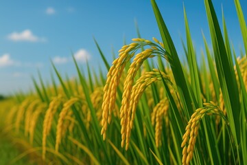 Naklejka premium Detailed view of a golden rice paddy with lush green foliage under bright sunlight