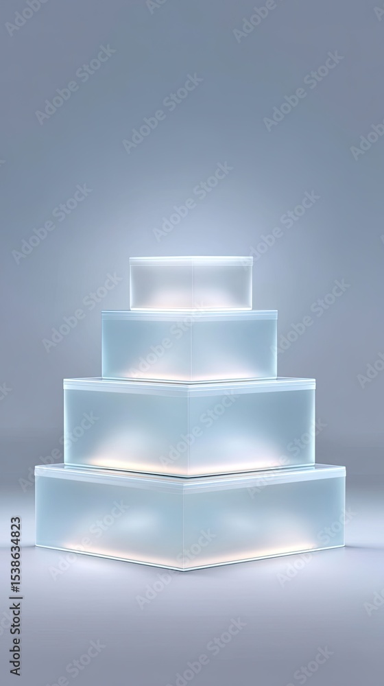 Poster stack of illuminated glass cubes on diagonal platform