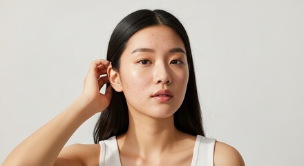 Portrait of a young woman with dark hair and acne skin