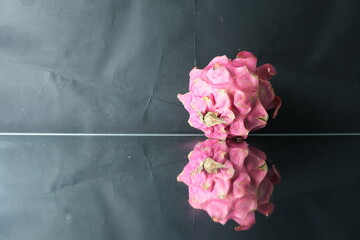 Fresh pink dragon fruit placed on a reflective glass surface with a dark backdrop, creating a...