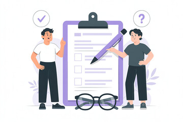 Two Men Discussing Checklist on Clipboard with Glasses and Pen Presenting Questions and Answers