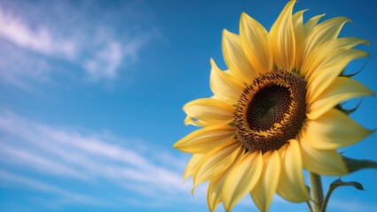 Obraz premium Detailed shot of a sunflower with a clear blue sky backdrop