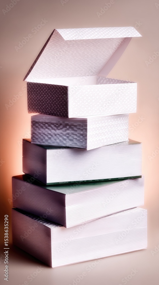 Poster stack of white boxes with geometric patterns and open lid
