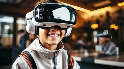 Learning through virtual reality: an Afro American schoolboy wearing virtual reality glasses. - Powered by Adobe