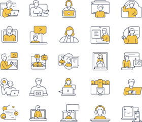 Yellow and Blue Line Art Icons Set Illustrating Diverse Online Communication Scenarios Featuring People Using