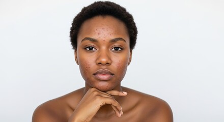 Portrait of a thoughtful woman with acne on a white background