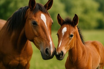 Obraz premium Detailed close-up of a mare and foal's heads in portrait orientation