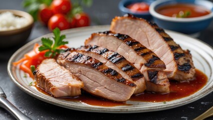 Close-up of a grilled pork slice topped with sauce