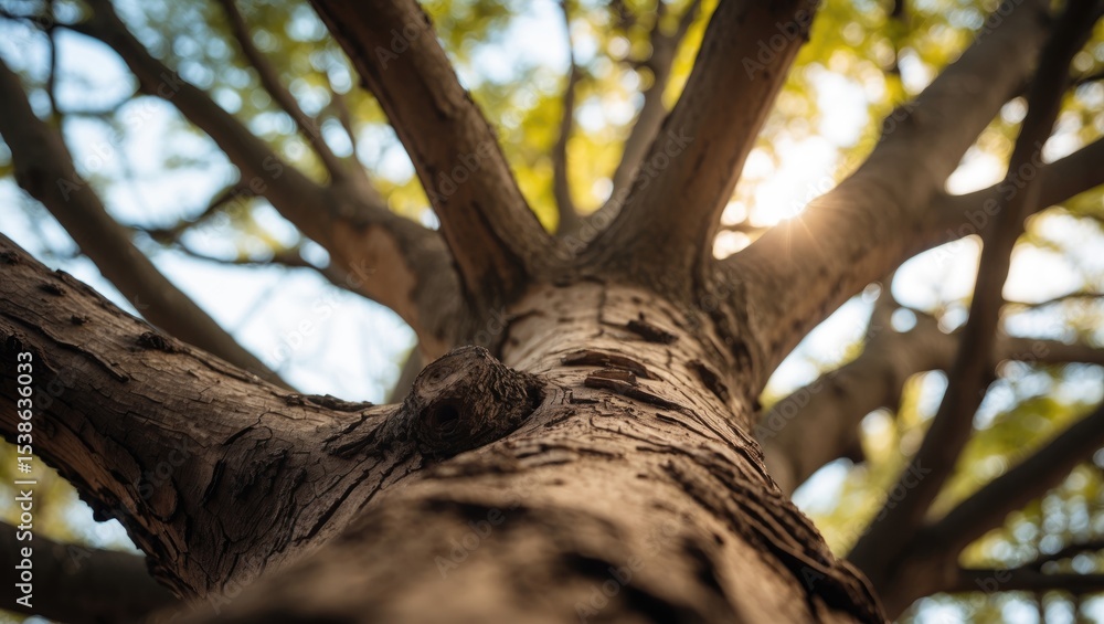 Poster detailed close-up of a textured tree trunk showcasing intricate branch patterns with a shallow depth