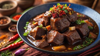 Detailed view of braised meat slices