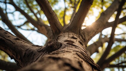 Detailed close-up of a textured tree trunk showcasing intricate branch patterns with a shallow depth of field