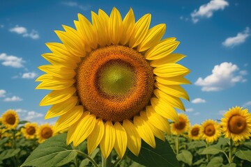 Fototapeta premium Detailed shot of a sunflower with the sky as the background