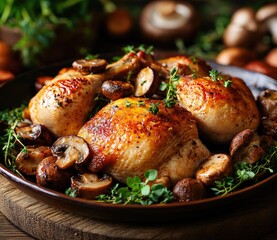 Roasted chicken legs with mushrooms and thyme on a dark plate.