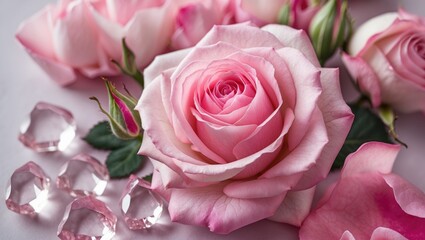 Obraz premium Detailed view of blush rose petals paired with sparkling crystals
