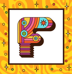 Vector illustration of the letter "F" in vibrant groovy style. Features colorful curves, psychedelic patterns, and retro 70s aesthetic. Perfect for decorative typography, vintage-themed designs.