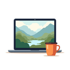 Laptop Displaying a Serene Mountain Landscape with a Cup of Coffee, Flat Vector Illustration