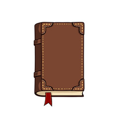 Illustration of a Brown Leather Bound Book with Red Bookmark and Decorative Corners, Isolated on White