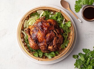 Roasted chicken in a bamboo steamer with herbs and soy sauce.