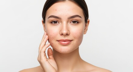 Woman with acne skin touching her face with a serene expression of beauty