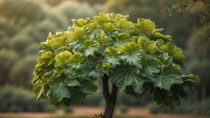 Detailed view of a tree with large leaves