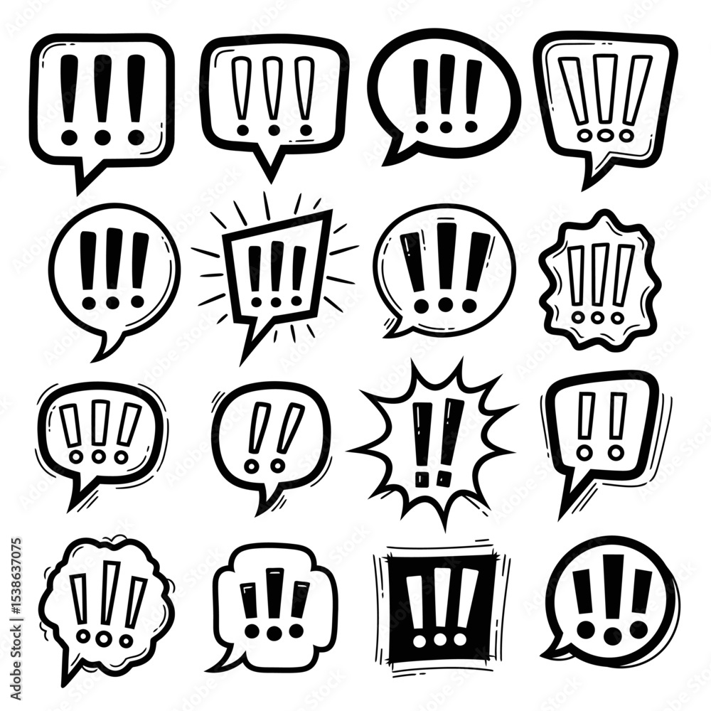 Poster collection of hand drawn exclamation mark speech bubbles in various shapes and styles isolated vecto