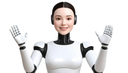 Friendly humanoid AI showing emotion through facial expressions isolated on white background.