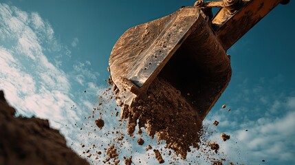 Excavator Bucket Dumping Soil Against Sky Backdrop