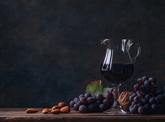 Red wine in glass decanter with grapes, almonds, and walnuts on rustic wooden table.