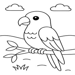 A simple black-and-white outline of a parrot perched on a branch, designed for easy coloring.