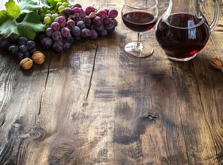 Red wine in glass and carafe, grapes, and walnuts on rustic wood.