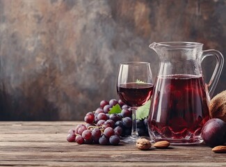 Red wine in a glass and pitcher, accompanied by grapes, plums, and nuts on a rustic wooden table.