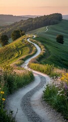 Fototapeta premium Road in the mountains, Winding Gravel Path Through Green Field, winding road in the countryside