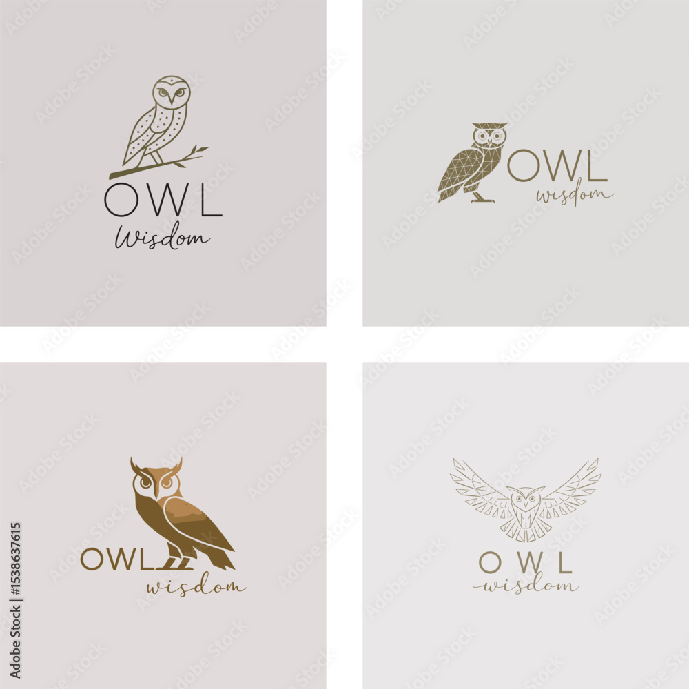 Poster elegant collection of four owl logos featuring stylish designs for branding identity and representin