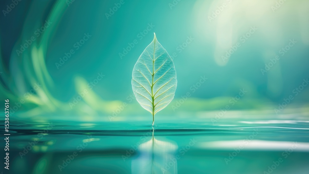Poster macro image of white transparent leaf with mirror reflection on green background, emphasizing water 