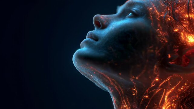 Particles and energy flow through a woman's head and neck, visualizing the effects of oxytocin and the limbic system on the experience of love
