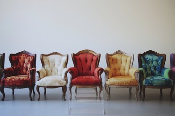 This is a collection of old armchairs. They are all single-seat sofas. They stand on a clear table.