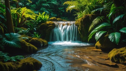 Tropical rainforest waterfall with flowing river in Thailand