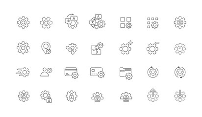 Modern Gear and Settings Icon Collection with Outline Style for UI UX, Web Interface, App Development, Security, Global Language, Folder, Credit Card, Upload and Download Configuration