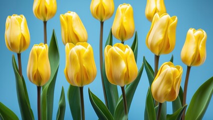 Bright yellow tulip bouquet on light blue background for celebration and greeting cards.