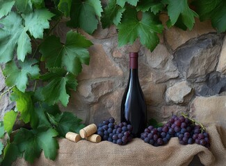 Red wine bottle with grapes and corks on burlap, rustic stone wall background.